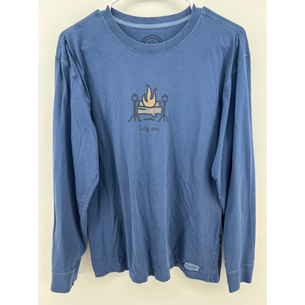 Life is Good Women M Log On Campfire Graphic Long Sleeve T-Shirt Blue Cotton